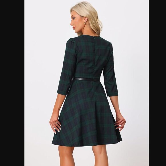 Allegra K M Flannel Dress for Women's Sleeves Belted A-Line Plaid Dress - Picture 3 of 3
